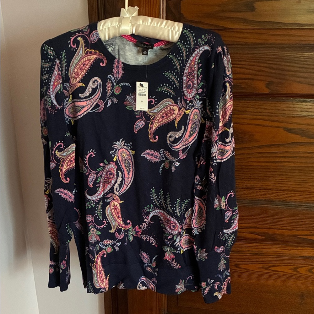 Talbots Navy Paisley Long Sleeve Top with Pink & Purple Accents